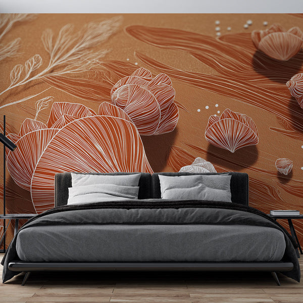 Seashell Wallpaper | Line-Drawn Shells on Terracotta Ground