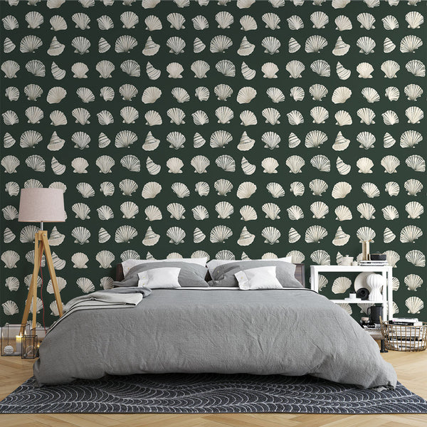 Seashell Wallpaper | Cream Shells on a Deep Green Ground