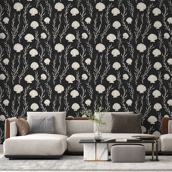 Seashell Wallpaper | White Shells on Elegant Black