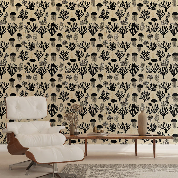 Coral Wallpaper | Jellyfish Line Art in Black and Beige