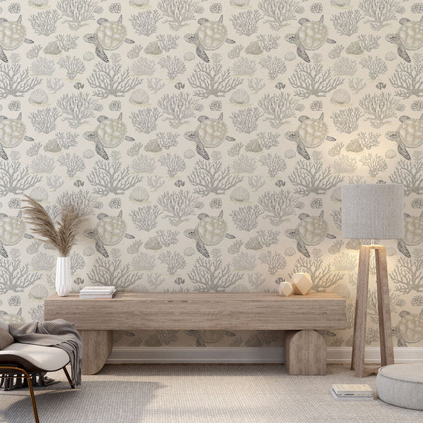 Sea Turtle Wallpaper | Calming Coral Motifs on Cream