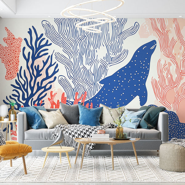 Marine coral wallpaper | Coral and fish silhouette wall mural