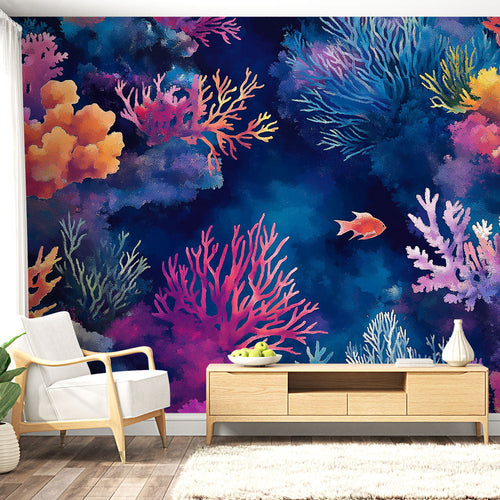 Aquatic coral wallpaper showing vibrant pink orange and blue corals embracing peaceful drifting