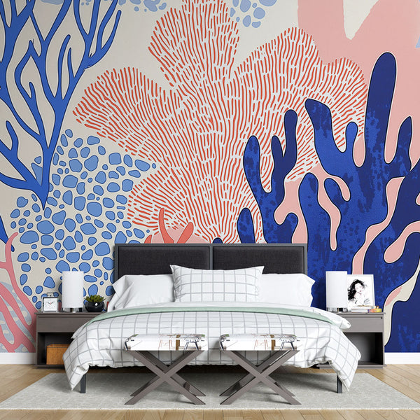 Coral wallpaper | Stylized azure and rose coral wall mural
