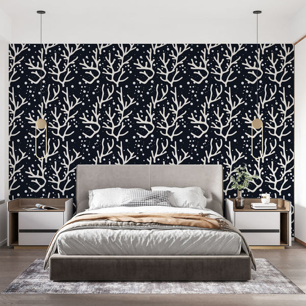 Coral Wallpaper | White Coral Motif on Navy Blue