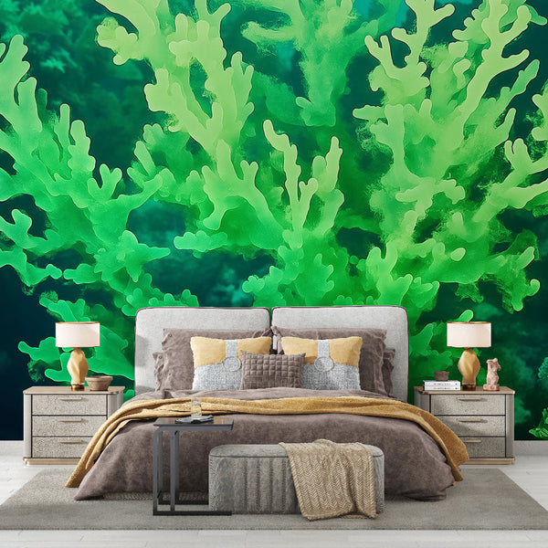 Coral wallpaper | Luminous green coral marine ambiance mural