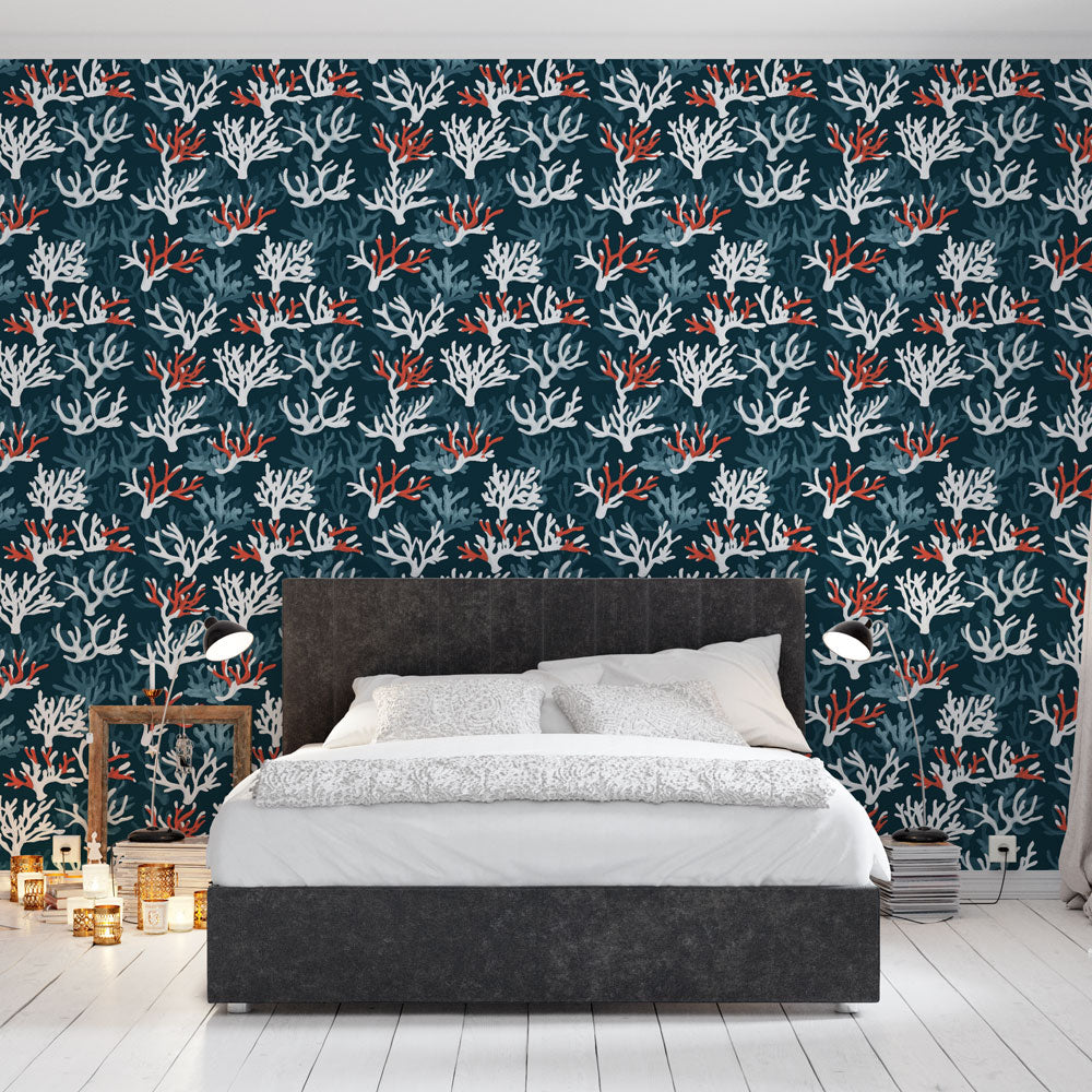 Coral Wallpaper | White and Red Corals on Deep Navy Blue