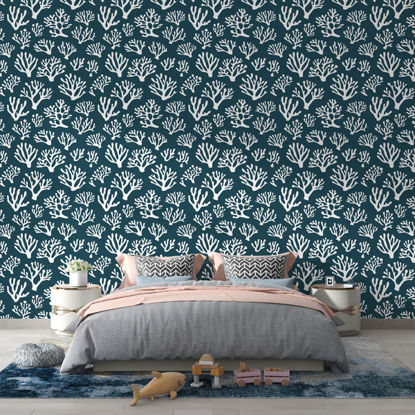 Coral Wallpaper | White Coral Pattern on Deep Navy Blue
