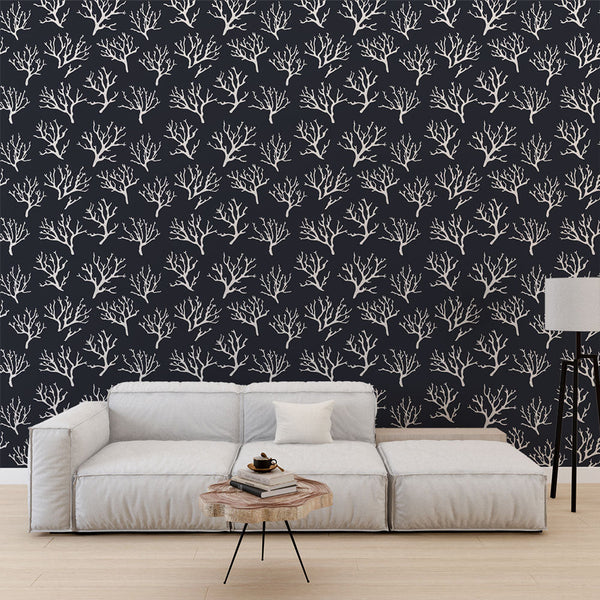 Coral Wallpaper | White Corals on a Dark Marine Ground