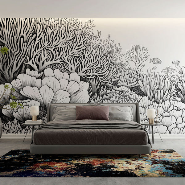 Coral wallpaper | Black and white underwater vegetation mural