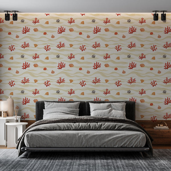 Coral Wallpaper | Red Corals and Shells on Warm Beige