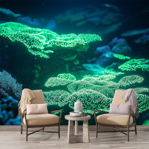 Bioluminescent coral wallpaper in blue and green, marine wall mural for serene interior design