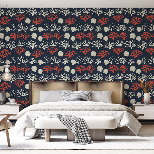 Coral Wallpaper | Red Corals and Shells on a Navy Ground