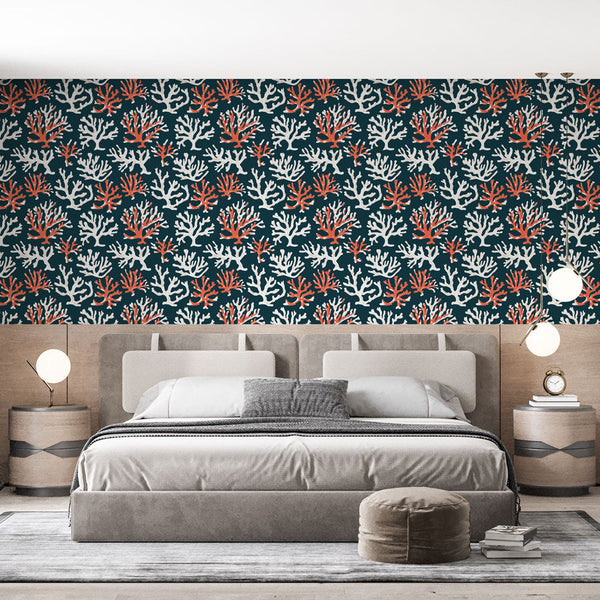Coral Wallpaper | White and Red Coral Motifs on Marine Blue