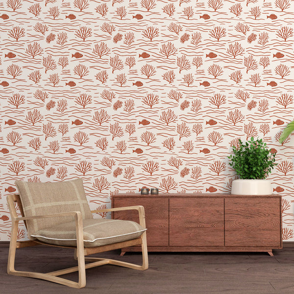 Coral Wallpaper | Coral and Fish Motifs in Orange Tones