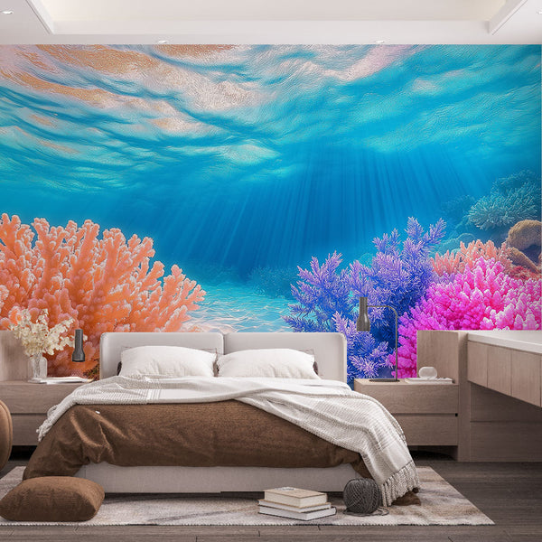 Coral wallpaper | Dark colorful underwater vibrant mural