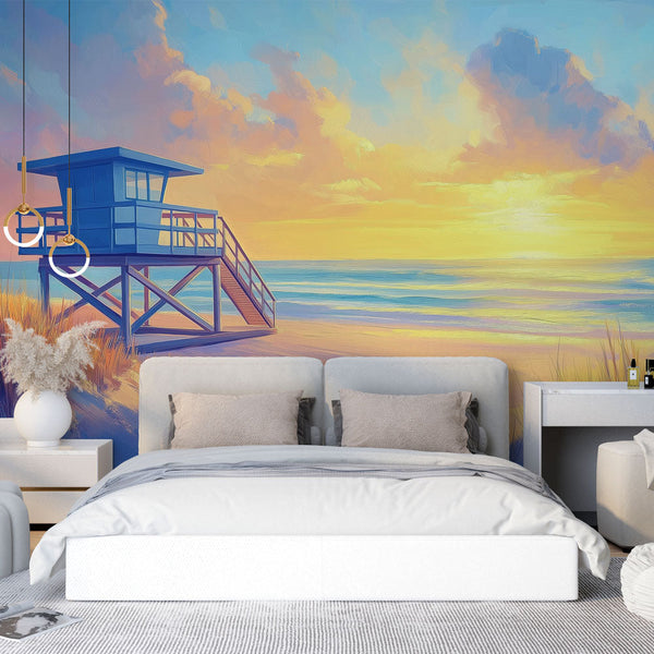 Sunset Beach Wallpaper | Serene Shore with Lifeguard Tower Mural