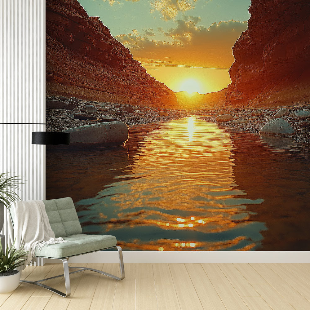 Sunset Wallpaper | Golden Reflections on Peaceful Stream Wall Mural