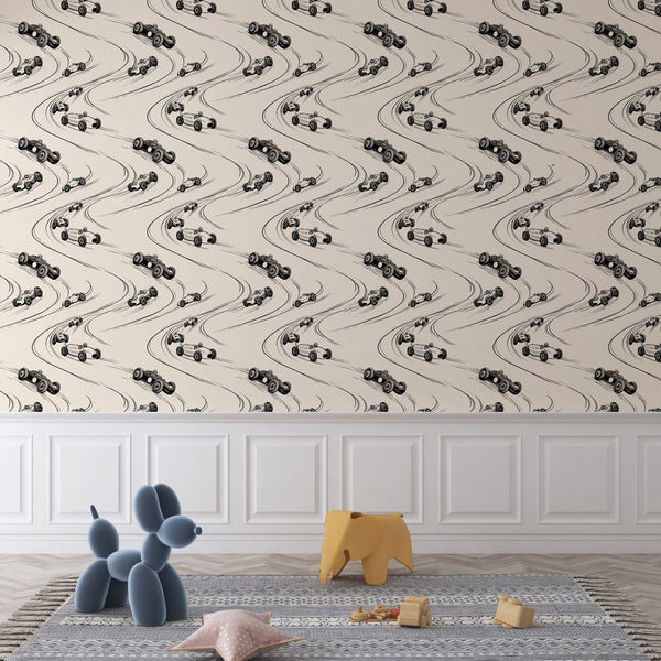 Racing Car Wallpaper | Hand-Drawn Race Cars on Beige