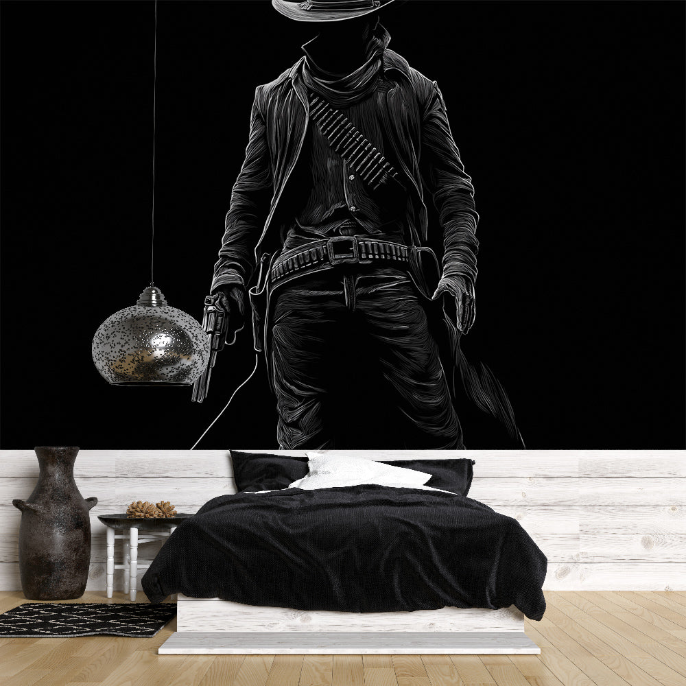 Stylised Cowboy Wallpaper | Black & White Wall Mural