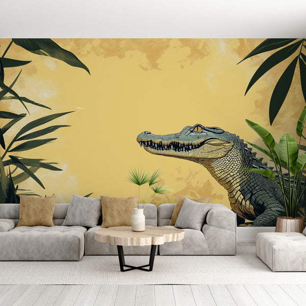 Crocodile Wallpaper | Yellow Tropical Foliage Wall Mural