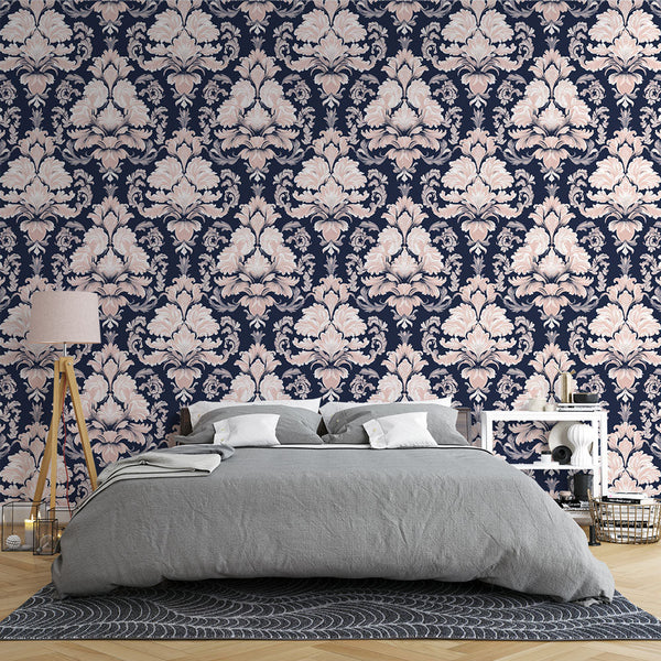 Damask Wallpaper | Pink Floral Motif on Marine Blue