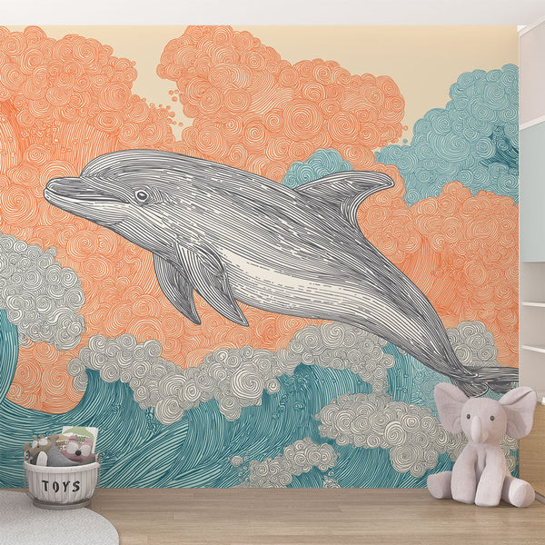 Dolphin Wallpaper | Leaping Dolphin on Waves and Clouds