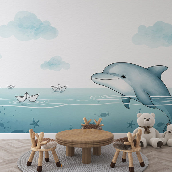 Dolphin Wallpaper | Calm Ocean and Paper Boats Wall Mural