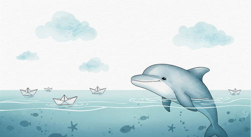 Dolphin Wallpaper | Calm Ocean and Paper Boats Wall Mural