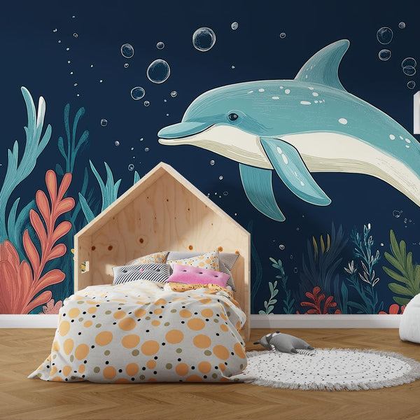 Dolphin Wallpaper | Joyful Dolphin Among Colorful Algae