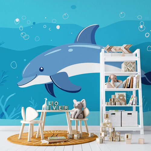 Dolphin wallpaper stylized animated dolphin luminous turquoise waters bubbles aquatic plants scene