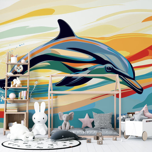 Dolphin wallpaper vibrant dolphin streaking layered cobalt sunset orange citrus yellow ocean waves