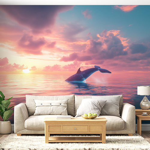 Dolphin wallpaper graceful leap above mirror still waters rose cobalt pastel twilight sunset sky