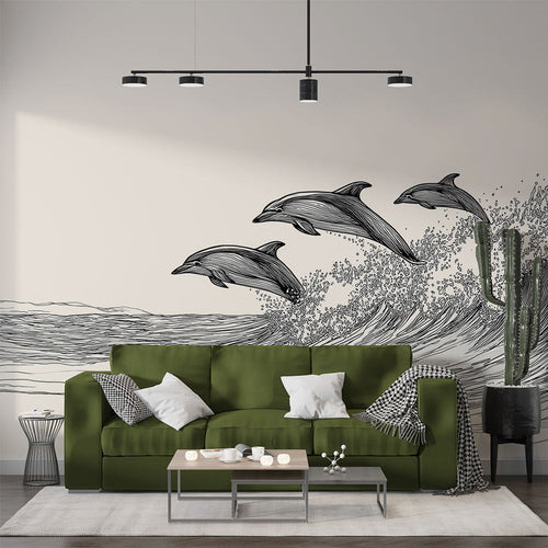 Dolphin line art wallpaper with dolphins leaping over waves on a beige ground