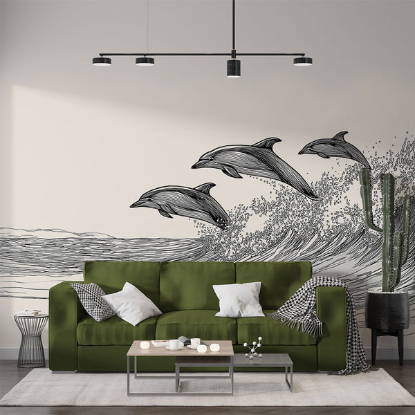 Dolphin Line Art Wallpaper | Dolphins Leaping Over the Waves