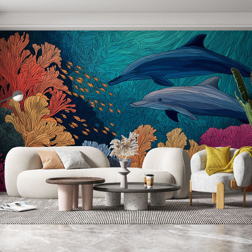 Dolphin wallpaper with vibrant pink, orange and purple corals in a colorful sea