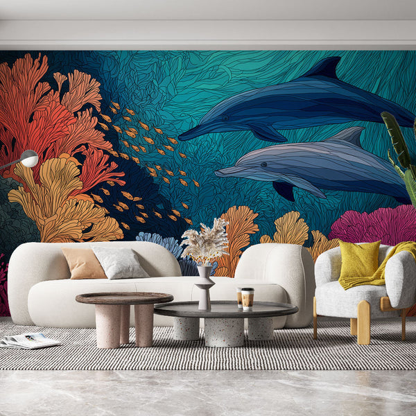 Dolphin Wallpaper | Colorful Coral Reef World Wall Mural