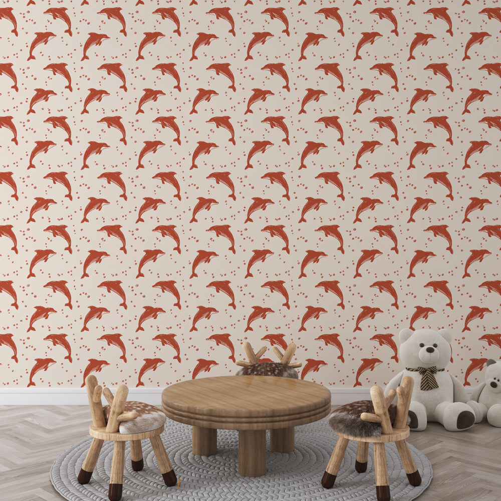 Dolphin Wallpaper | Coral Orange Cream Wall Mural