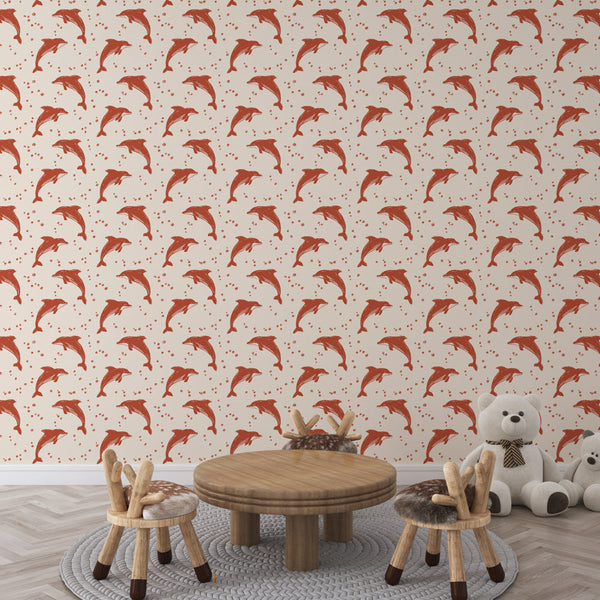 Dolphin Wallpaper | Coral Orange Cream Wall Mural