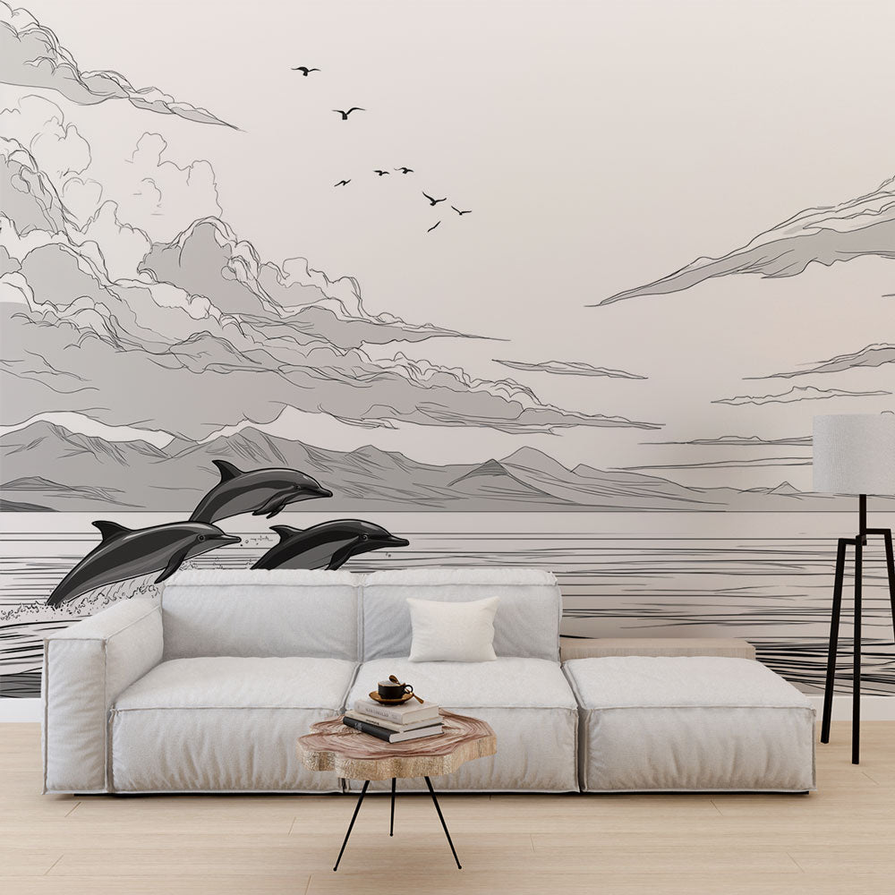 Dolphin Seascape Wallpaper | Dolphins Above Gentle Grey Waves