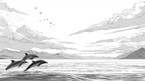 Dolphin Seascape Wallpaper | Dolphins Above Gentle Grey Waves