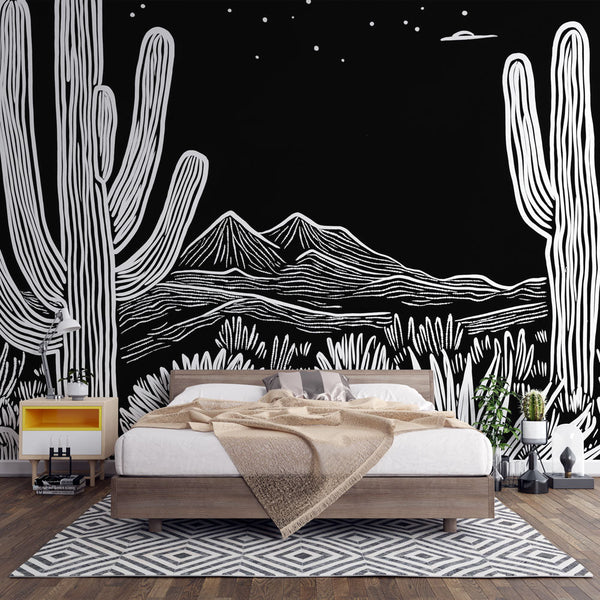 Black and White Desert Wallpaper | Cactus Mountain Mural