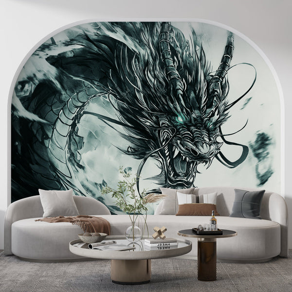 Asian Dragon Wallpaper | Black & Green Wall Mural