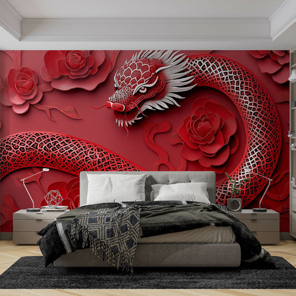 Chinese Dragon Wallpaper | Relief Red Floral Wall Mural
