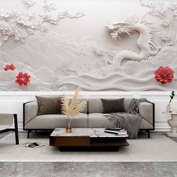 Dragon Wallpaper | Relief Dragon and Red Floral Wall Mural