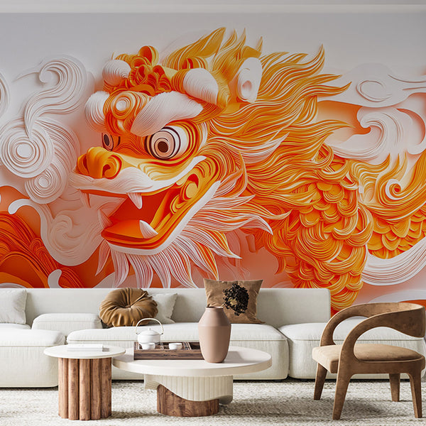 Vibrant Dragon Wallpaper | Paper-Cut Wall Mural with Clouds