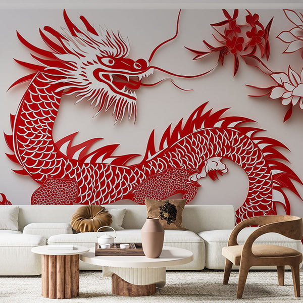 Elegant Dragon Wallpaper | Red Dragon Papercut Wall Mural