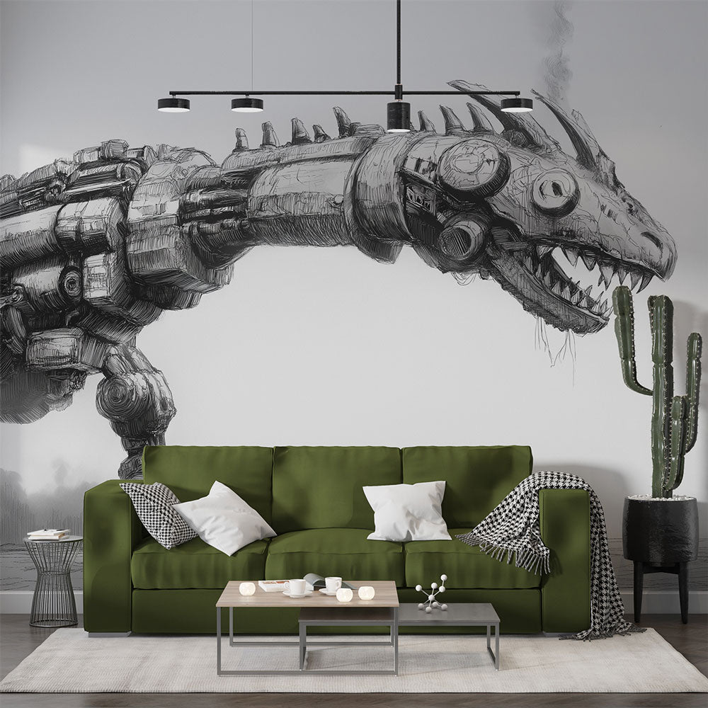 Robotic Dragon Wallpaper | Black and White Mechanical Beast Mural