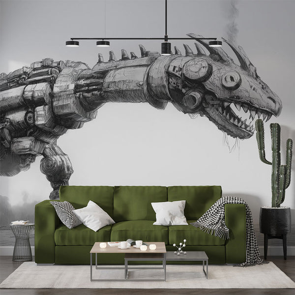 Robotic Dragon Wallpaper | Black and White Mechanical Beast Mural