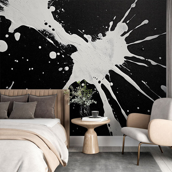 White Splash Wallpaper | Artistic Motif on Black Wall Mural